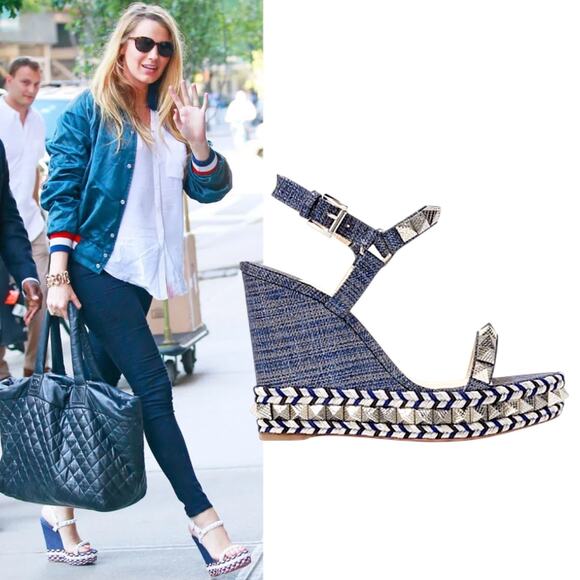 Christian Louboutin Lame Lux Pyraclou 110 Denim Wedge Sandal Blue Size 41 - Picture 1 of 12